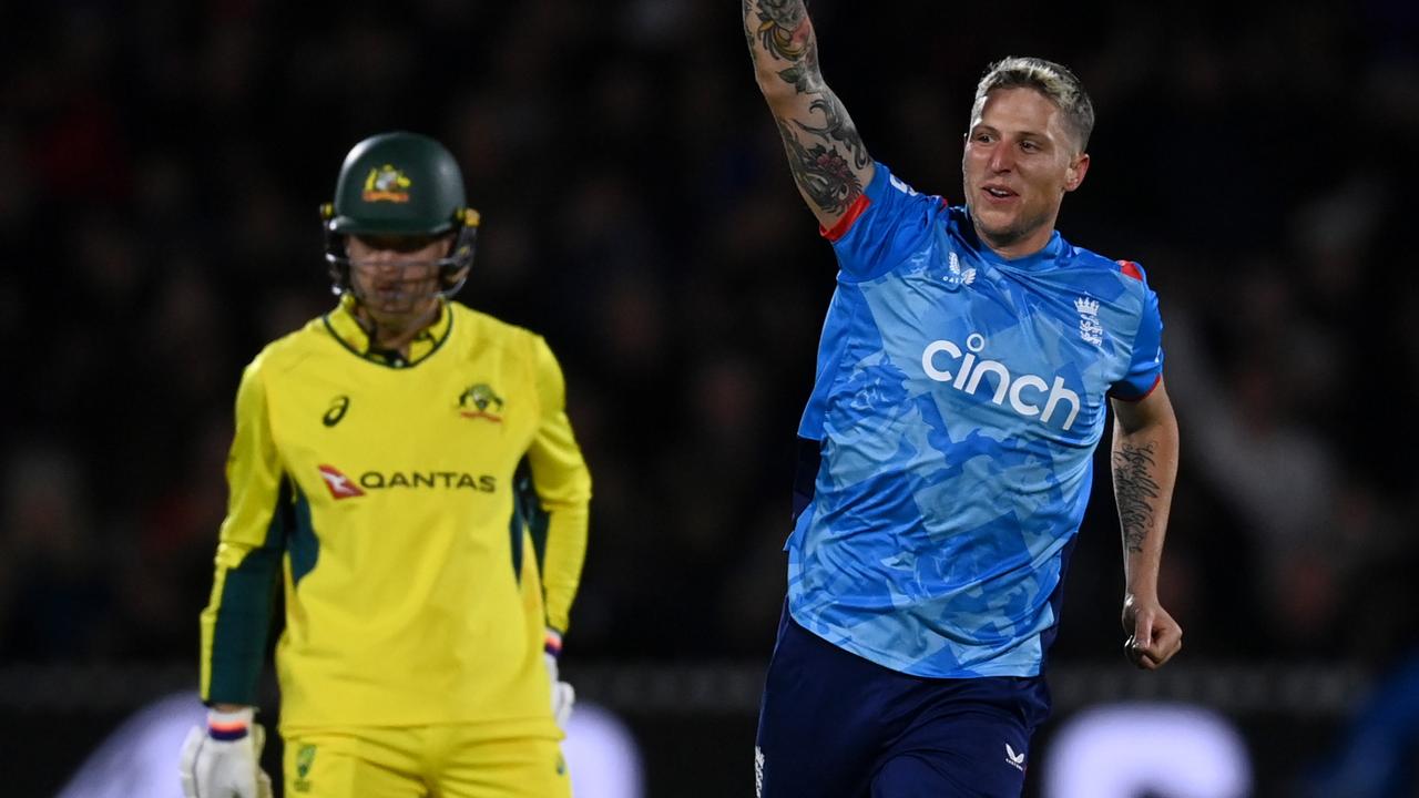 Brydon Carse from England celebrates the dismissal of Marnus Labuschagne. Photo: Gareth Copley/Getty Images