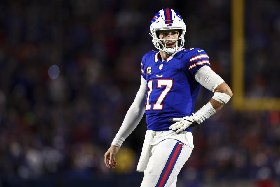 ORCHARD PARK, NY – SEPTEMBER 23: Josh Allen #17 of the Buffalo Bills reacts after playing in the third quarter of the NFL football game against the Jacksonville Jaguars at Highmark Stadium on September 23, 2024 in Orchard Park in New York. (Photo: Kevin Sabitus/Getty Images)